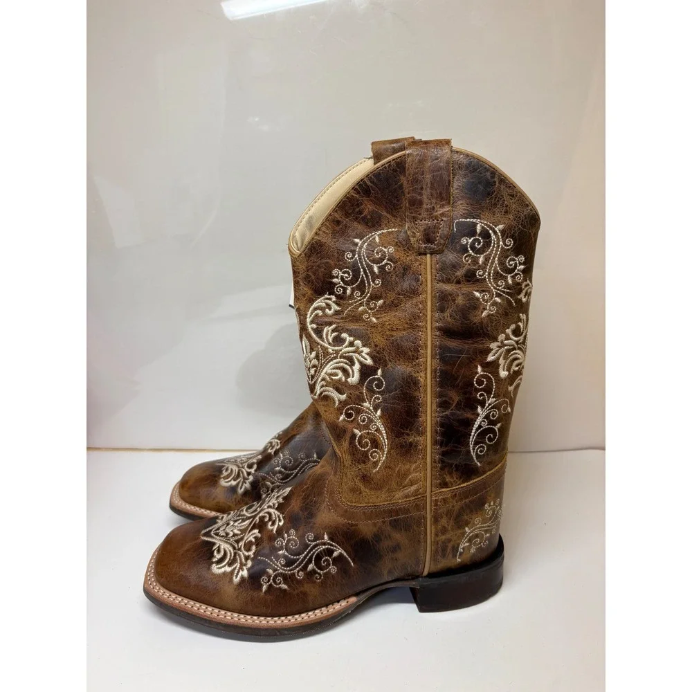 Old West Youth Burnt Tan Leather Embroidered Cowboy Boots BSY1958 Size 4.5